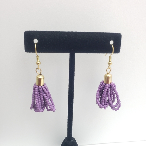 New Boho Lavender/Lilac Seed Bead Drop/Dangle Earrings, 18k Plated French Wires - Picture 2 of 4